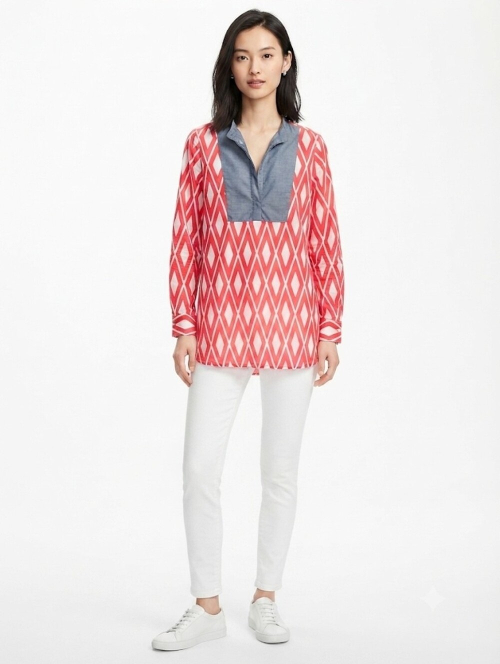 J. Crew Coral Pink Geometric Split-Neck Tunic Size M